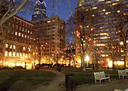 Liberty One and Two, Evening, Rittenhouse Square, Philadelphia, photograph