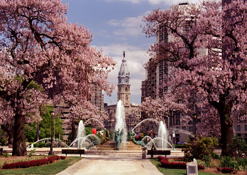 Swann fountain, Spring, Philadelphia, photograph
